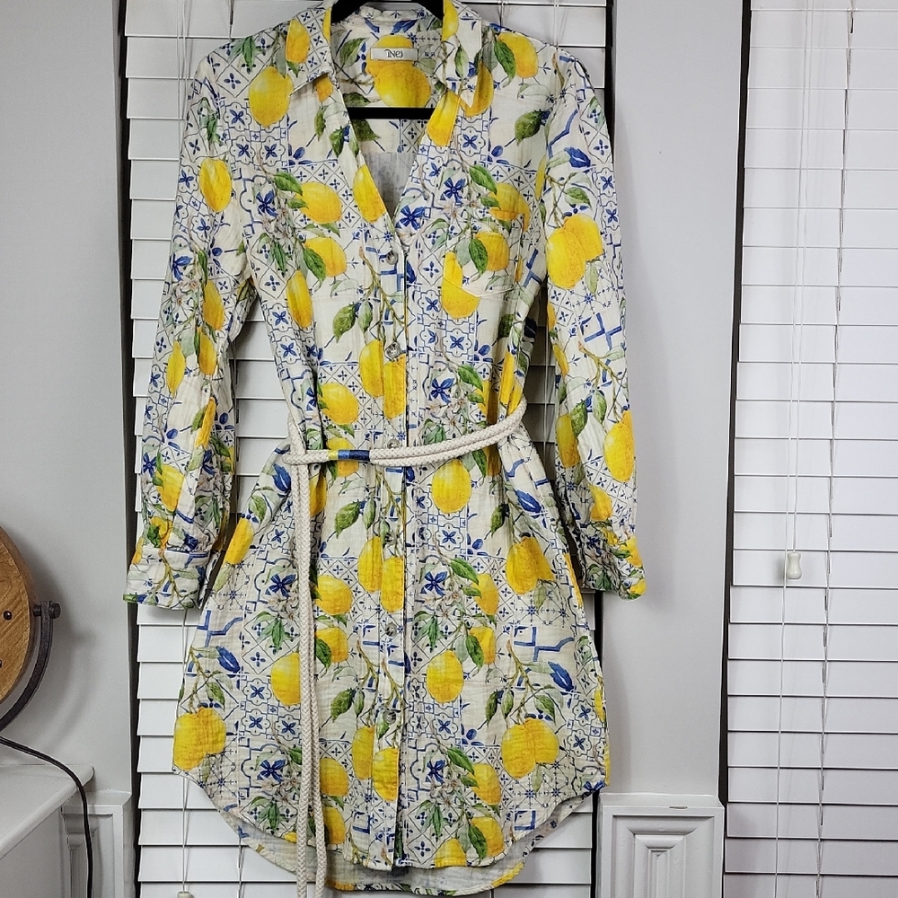 INEJ Lemon Print Long Sleeve Shirt Dress in Yellow and Blue.‎ Size M